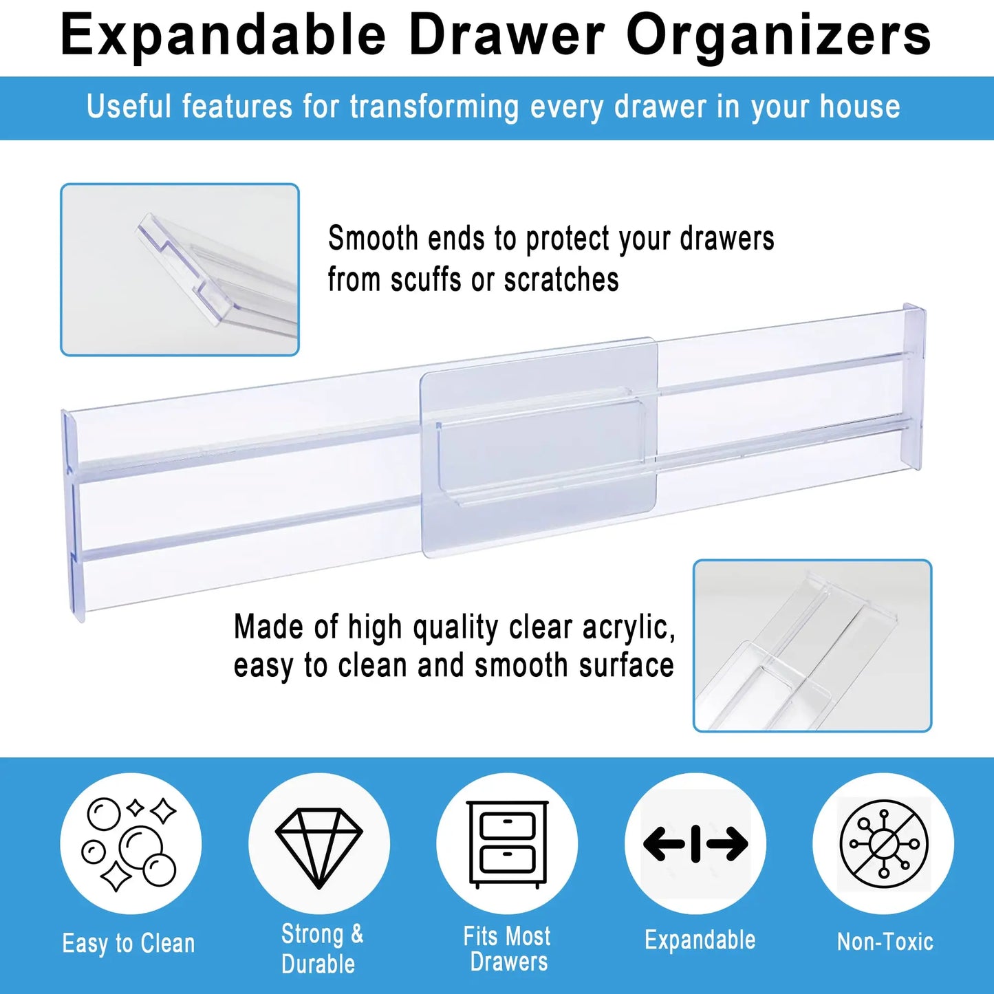 Adjustable Drawer Dividers 4-Pack - Expandable Organizers for Kitchen & Bathroom