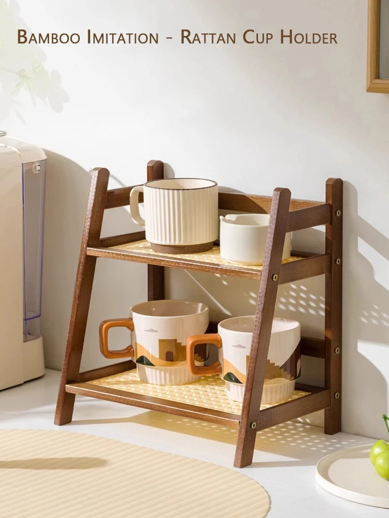 2-Tier Bamboo Countertop Organizer - Coffee Cup & Kitchen Storage Shelf