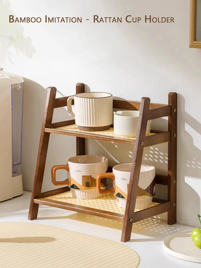 2-Tier Bamboo Countertop Organizer - Coffee Cup & Kitchen Storage Shelf