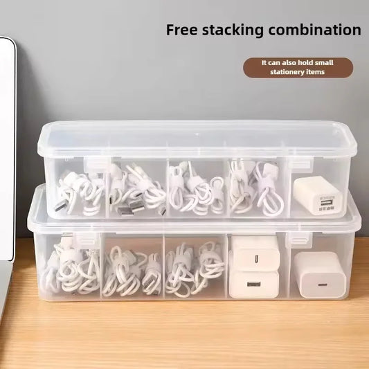 Clear Cable Organizer Box with Lid - Desktop Cord Storage Case