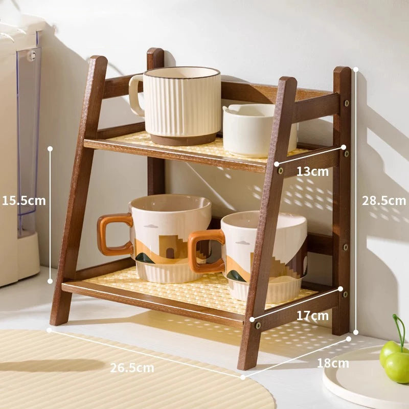 2-Tier Bamboo Countertop Organizer - Coffee Cup & Kitchen Storage Shelf