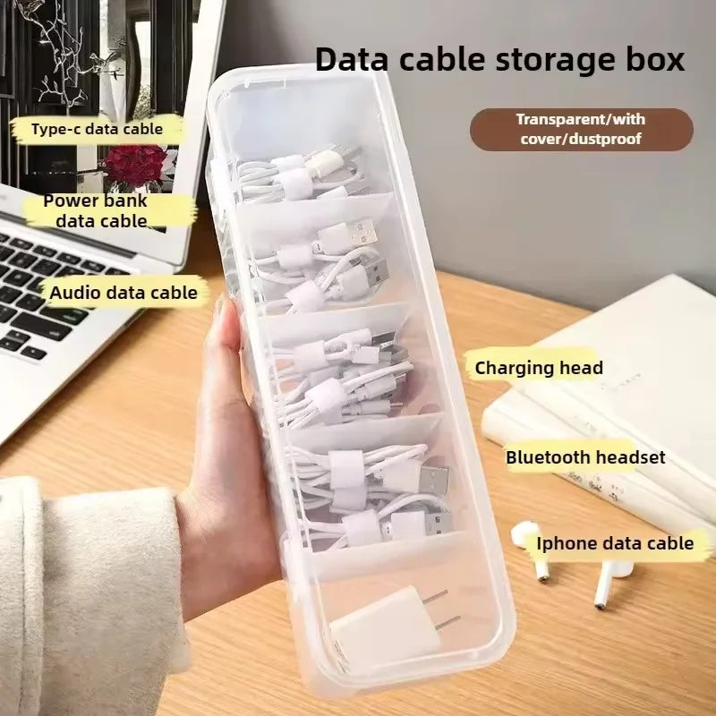 Clear Cable Organizer Box with Lid - Desktop Cord Storage Case