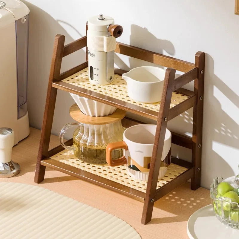 2-Tier Bamboo Countertop Organizer - Coffee Cup & Kitchen Storage Shelf