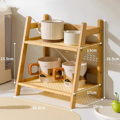2-Tier Bamboo Countertop Organizer - Coffee Cup & Kitchen Storage Shelf
