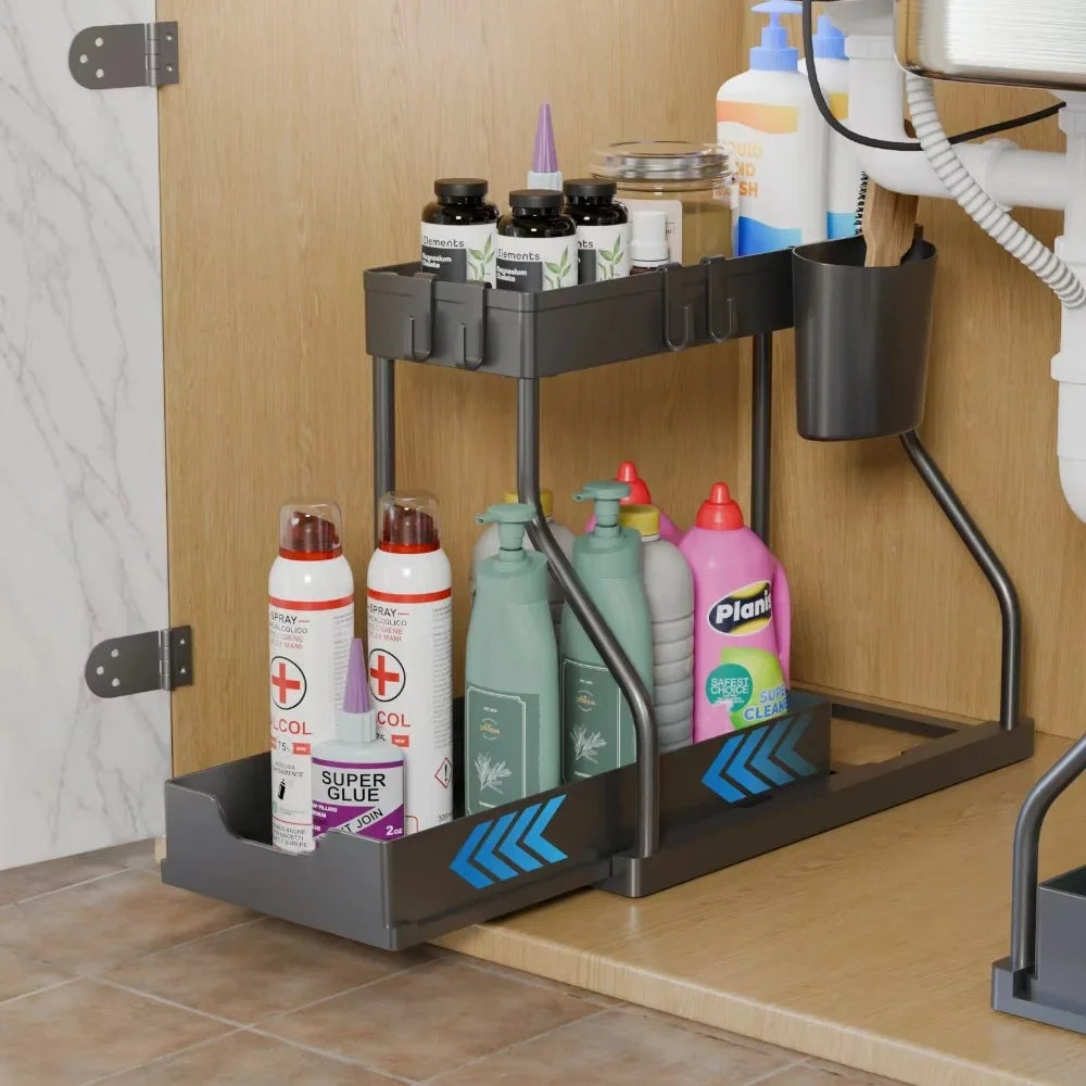 Under Sink Organizer - 2-Tier Pull-Out Storage Rack for Kitchen & Bathroom