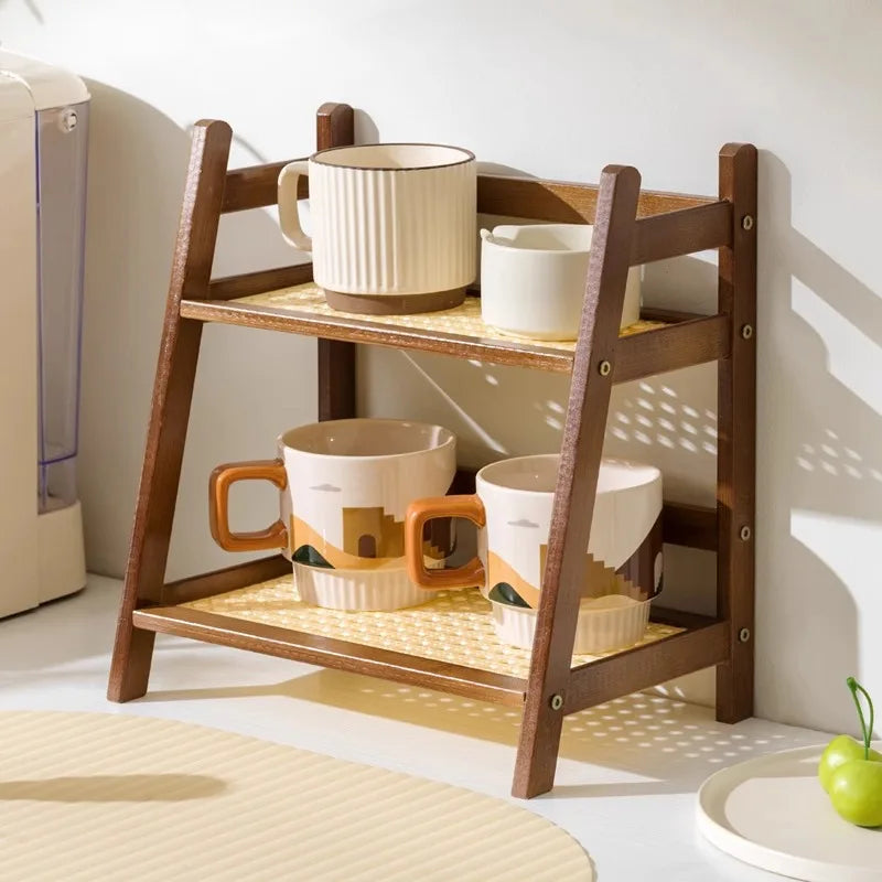 2-Tier Bamboo Countertop Organizer - Coffee Cup & Kitchen Storage Shelf