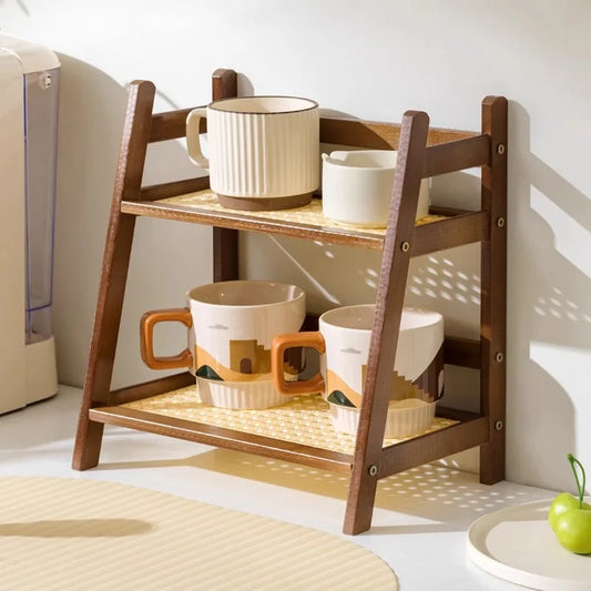 2-Tier Bamboo Countertop Organizer - Coffee Cup & Kitchen Storage Shelf