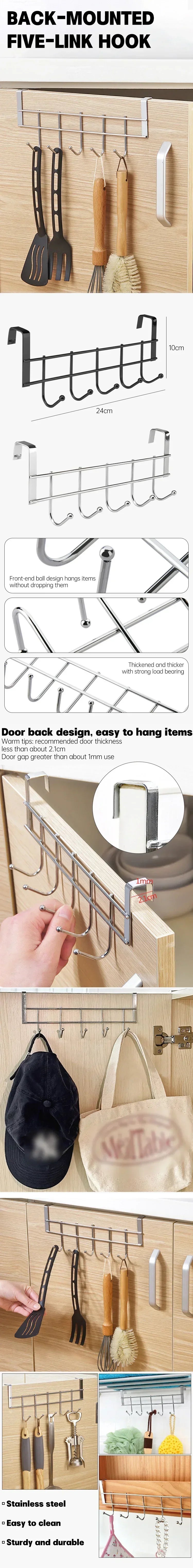 No Drill Over Door Hooks 5 Hooks Heavy Duty Organizer Space-Saving Wall Hanger for Coat Key Towel in Closet Bedroom Hallway