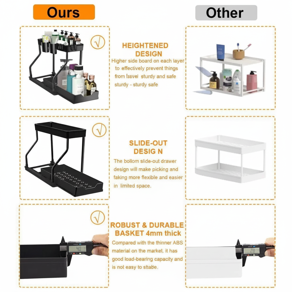 Under Sink Organizer - 2-Tier Pull-Out Storage Rack for Kitchen & Bathroom